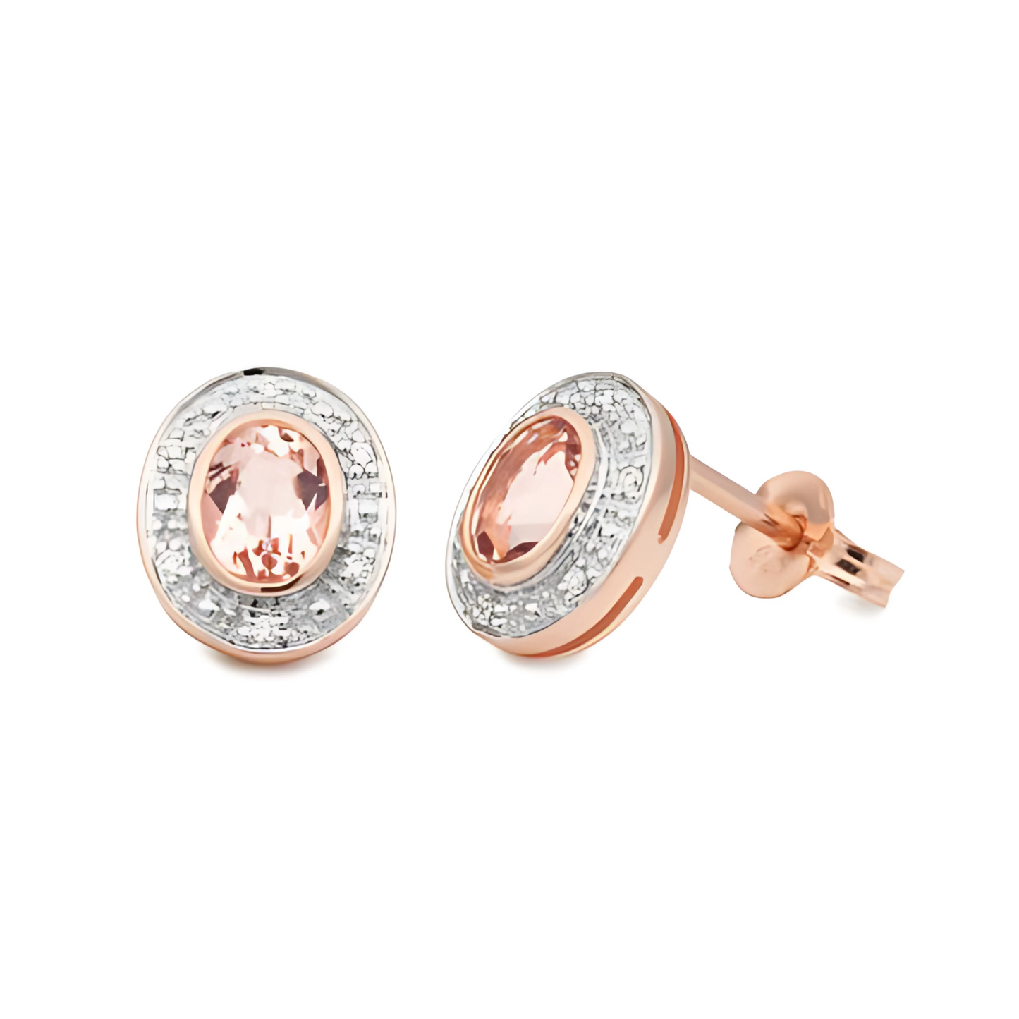 9ct Rose Gold Morganite & Diamond Halo Stud Earrings